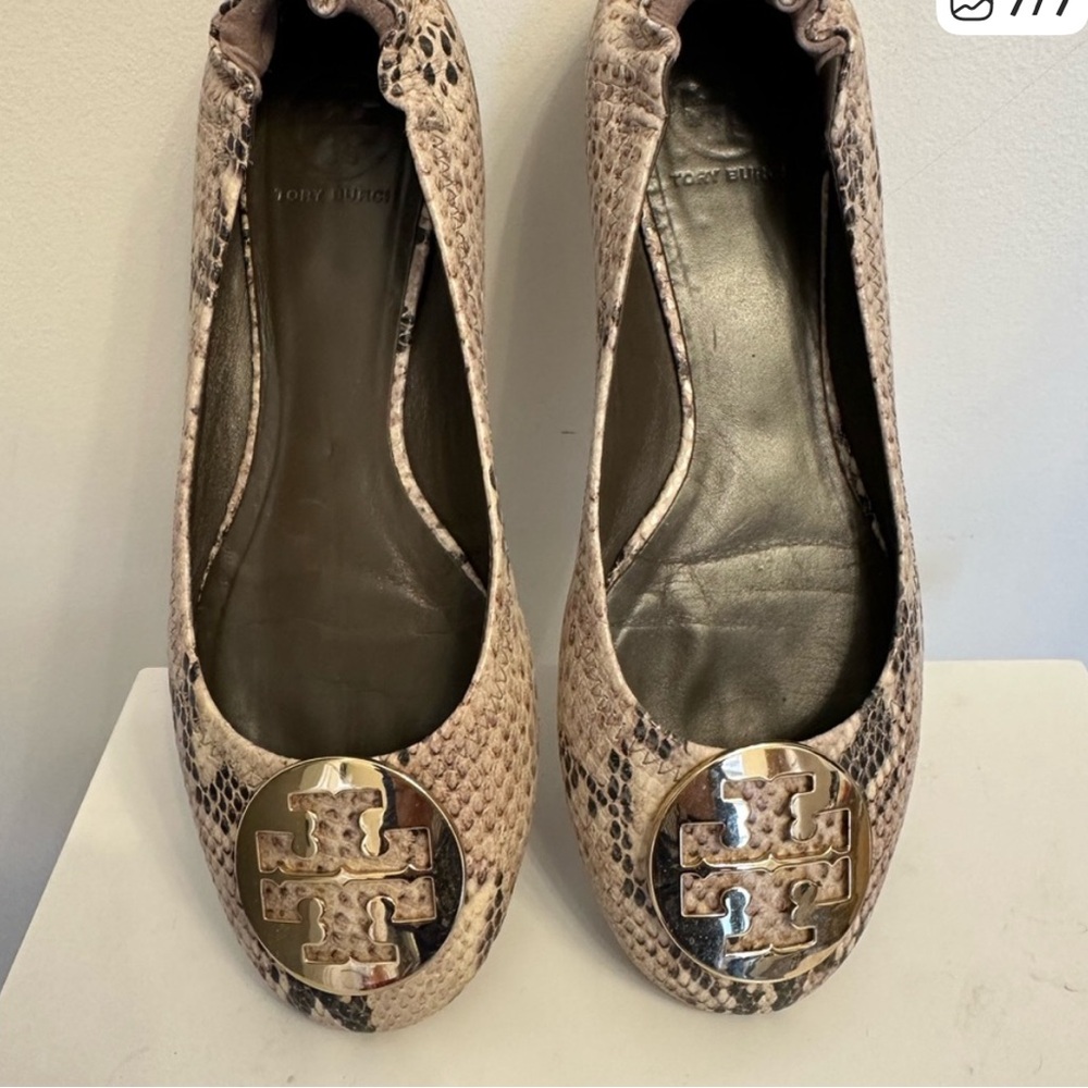 Tory Burch Reva python snake print flats. Excellent condition. Gold medallion.